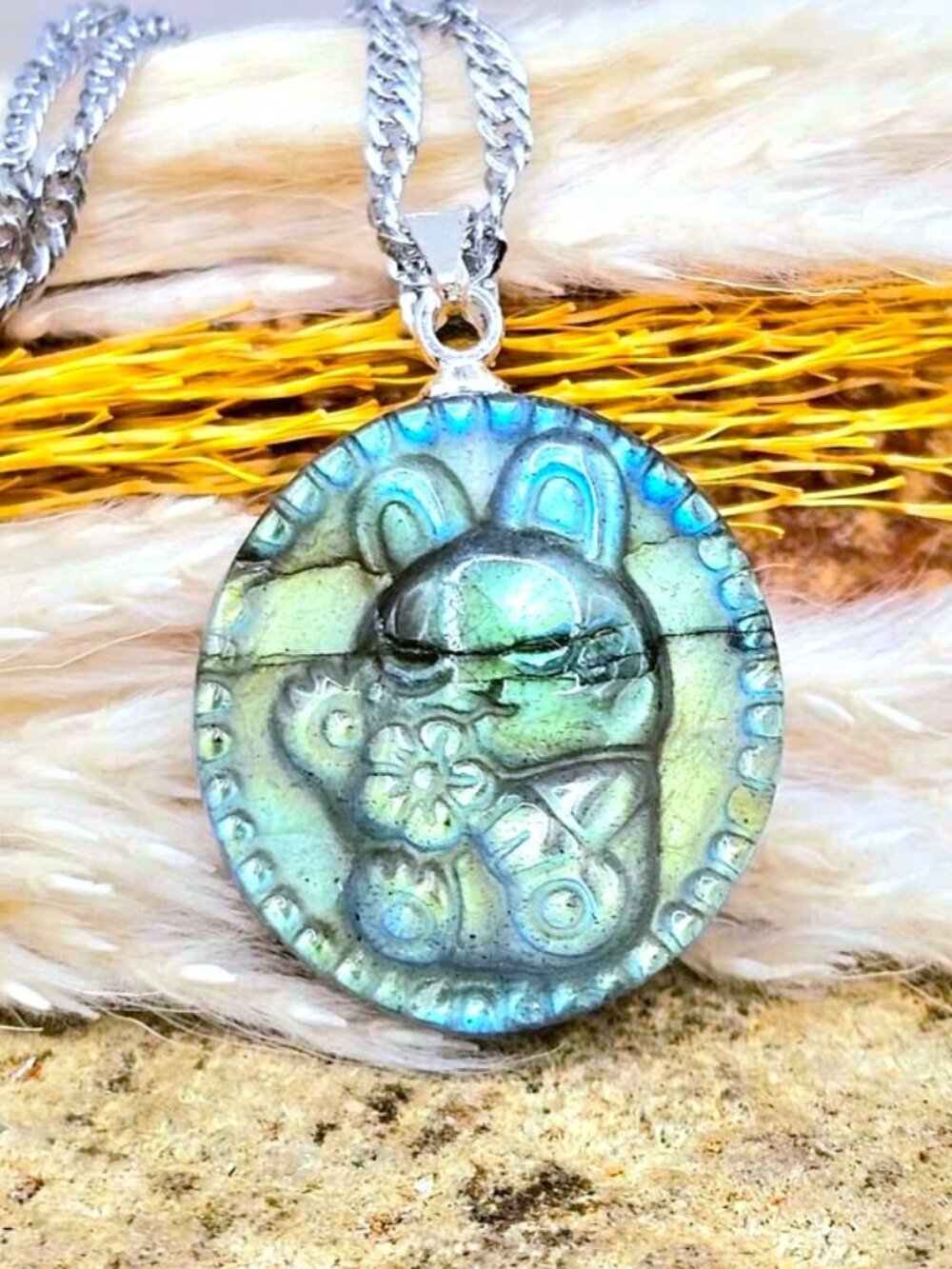 Labradorite Rabbit Pendant • 0.7" Cute Bunny Holding Flowers • Crystal Rabbit